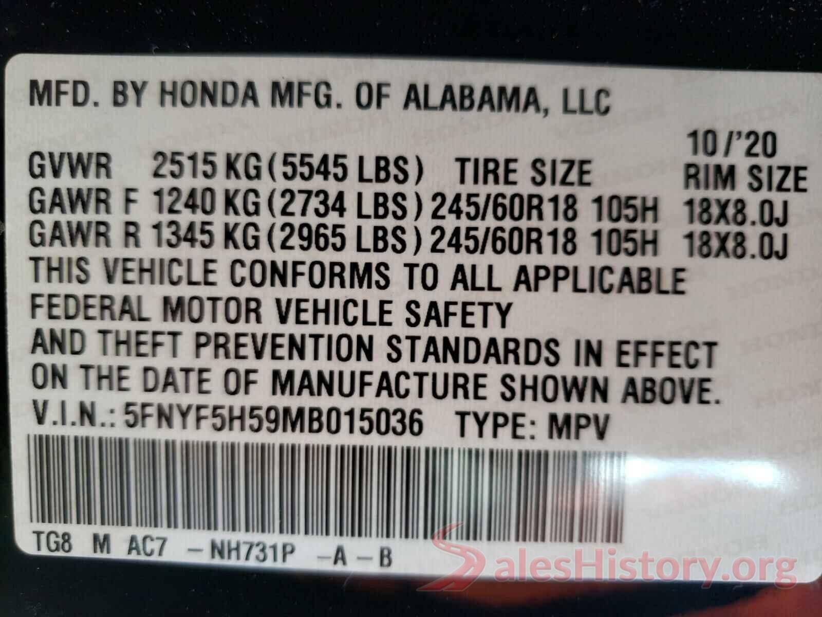 5FNYF5H59MB015036 2021 HONDA PILOT