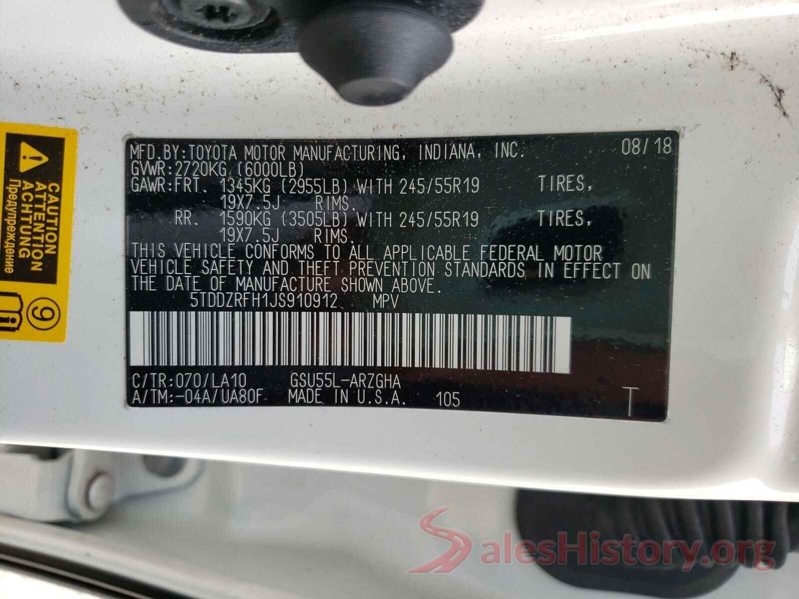 5TDDZRFH1JS910912 2018 TOYOTA HIGHLANDER