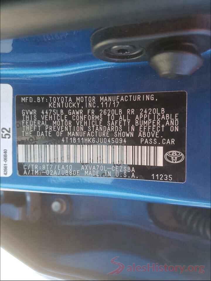 4T1B11HK6JU045094 2018 TOYOTA CAMRY