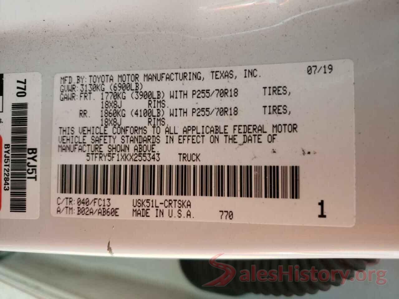 5TFRY5F1XKX255343 2019 TOYOTA TUNDRA