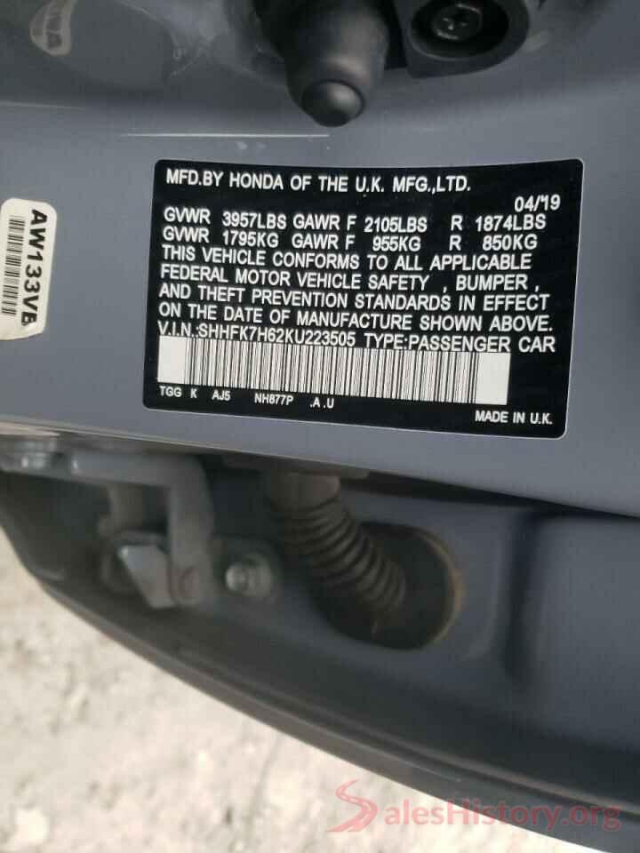 SHHFK7H62KU223505 2019 HONDA CIVIC