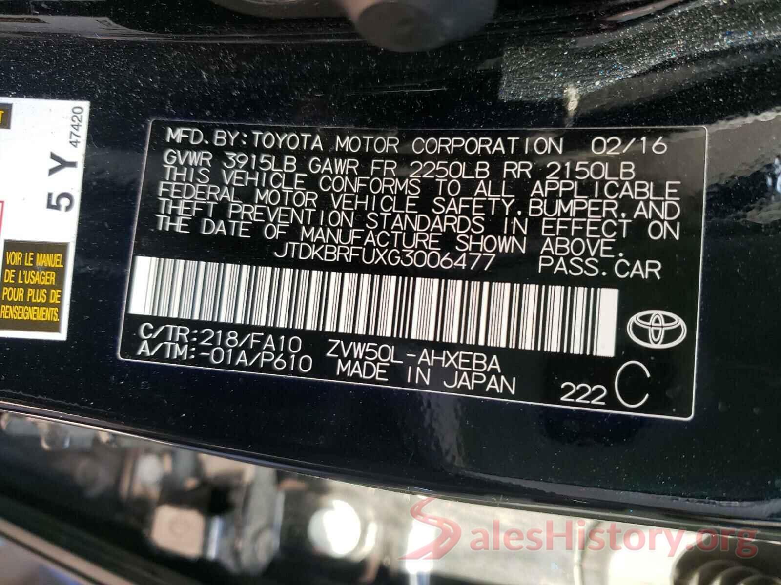 JTDKBRFUXG3006477 2016 TOYOTA PRIUS