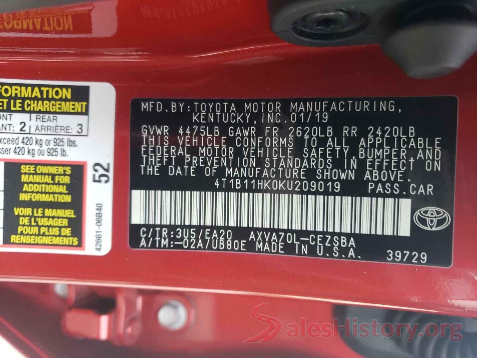 4T1B11HK0KU209019 2019 TOYOTA CAMRY