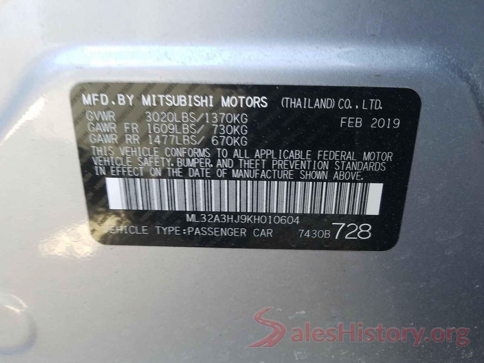 ML32A3HJ9KH010604 2019 MITSUBISHI MIRAGE