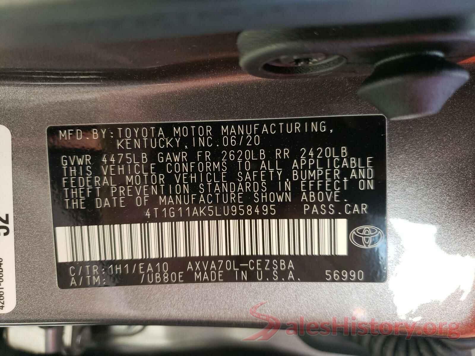 4T1G11AK5LU958495 2020 TOYOTA CAMRY