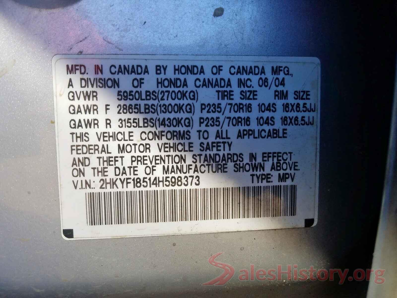 KNADM4A37G6585170 2004 HONDA PILOT