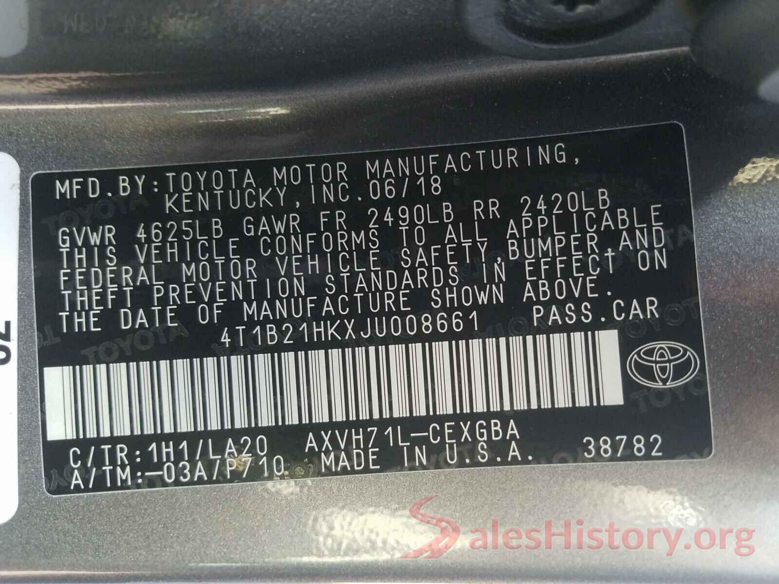 4T1B21HKXJU008661 2018 TOYOTA CAMRY