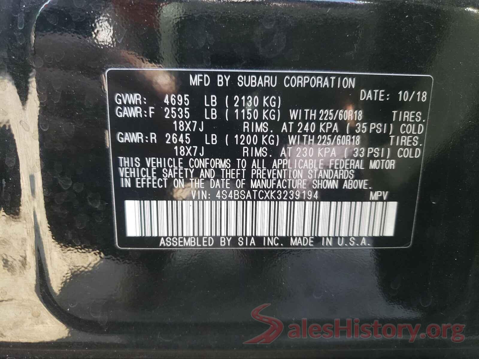 4S4BSATCXK3239194 2019 SUBARU OUTBACK