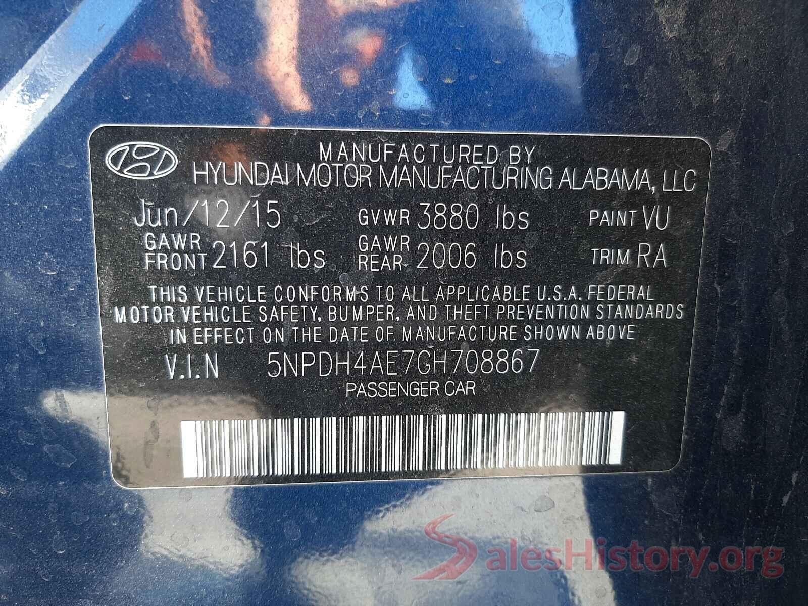 5NPDH4AE7GH708867 2016 HYUNDAI ELANTRA