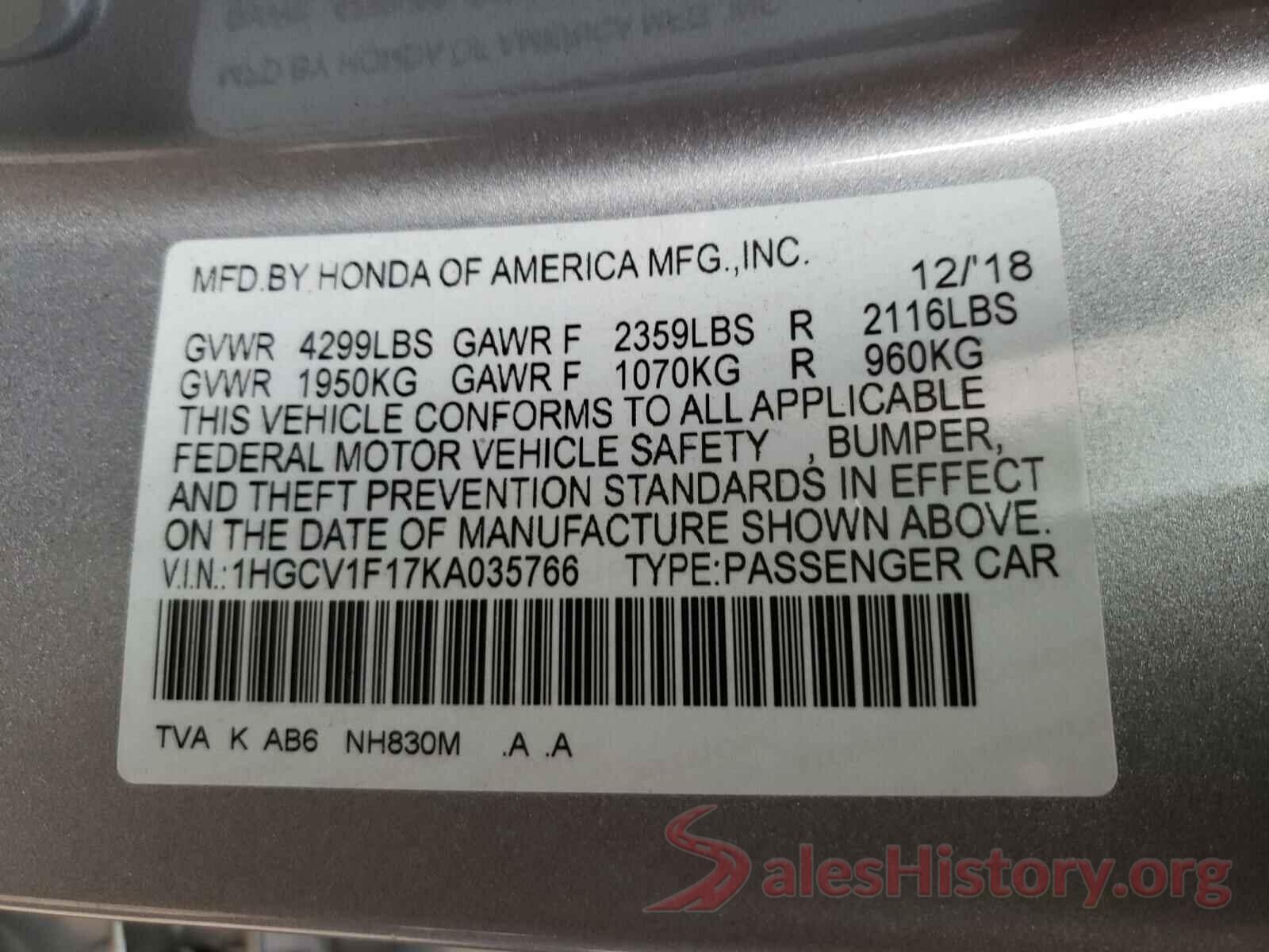 1HGCV1F17KA035766 2019 HONDA ACCORD