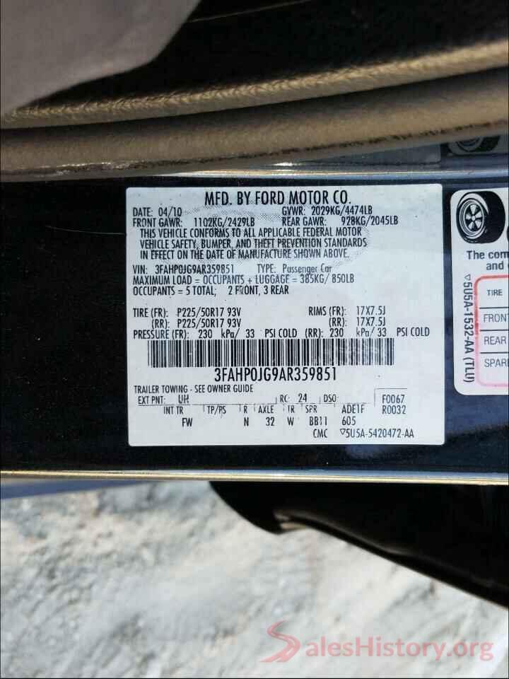 5NPEG4JA1MH070843 2010 FORD FUSION