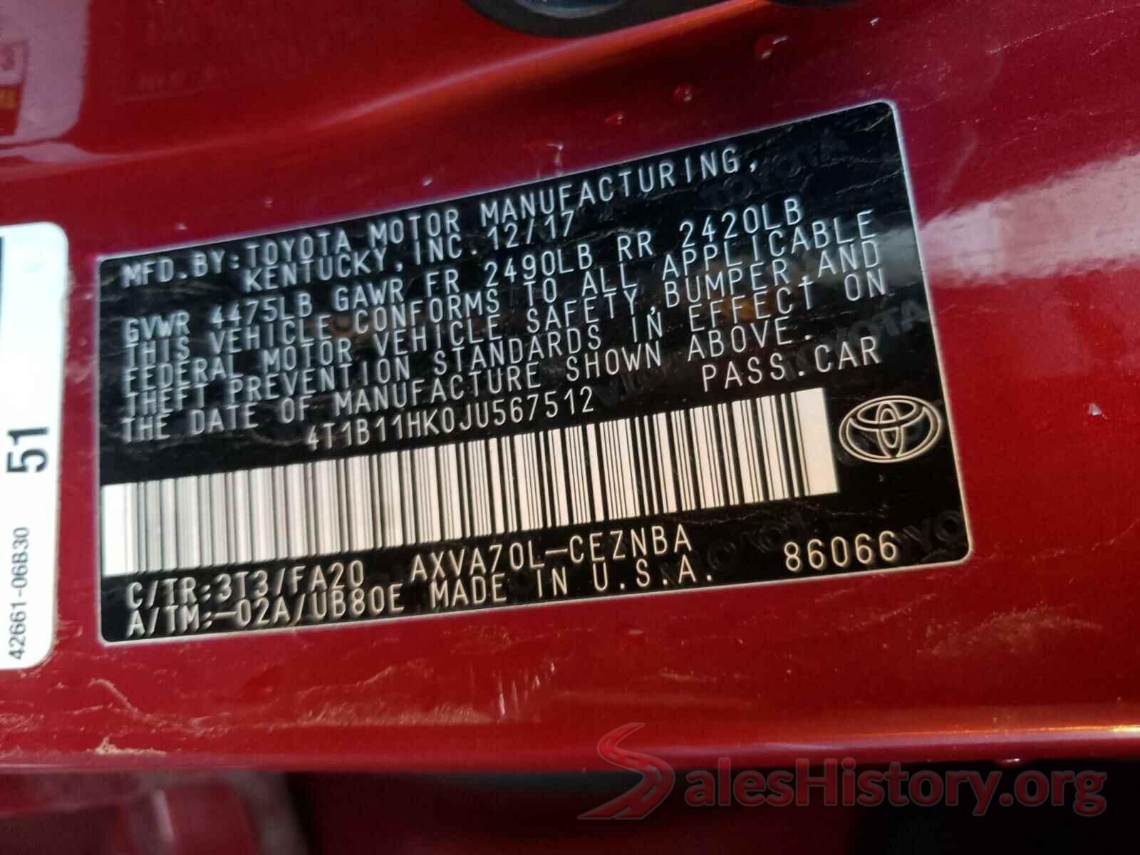 4T1B11HK0JU567512 2018 TOYOTA CAMRY