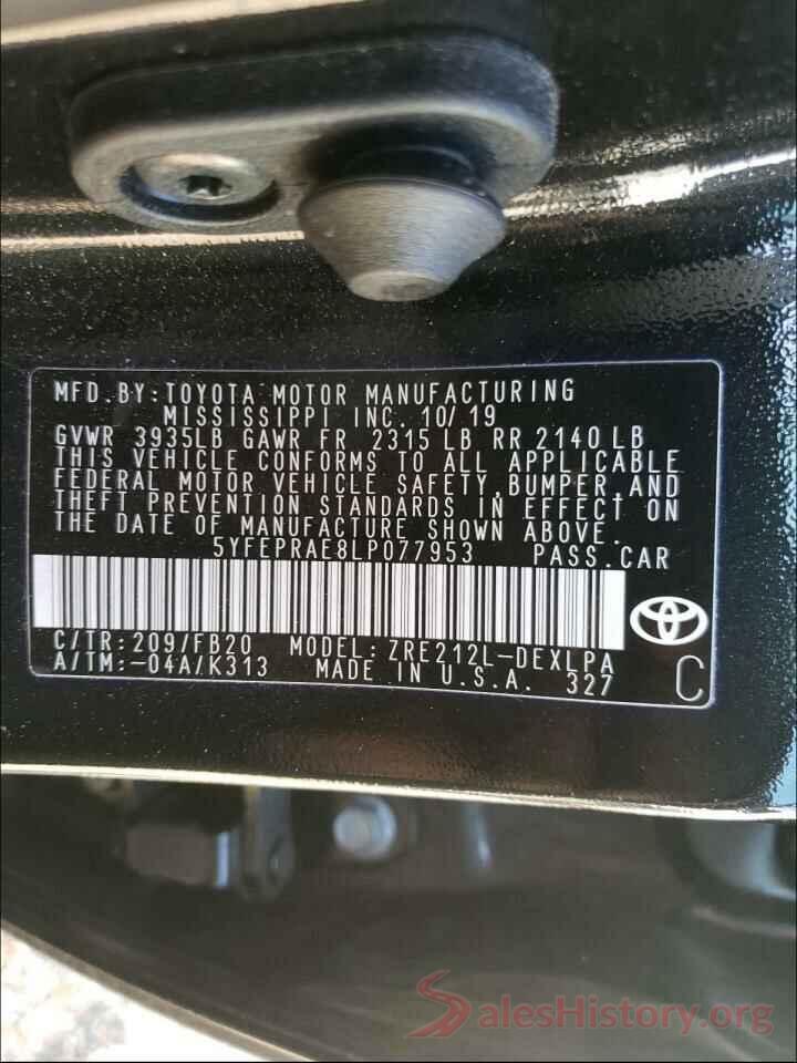 5YFEPRAE8LP077953 2020 TOYOTA COROLLA