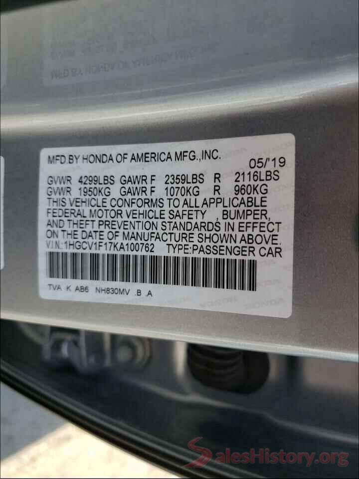 1HGCV1F17KA100762 2019 HONDA ACCORD