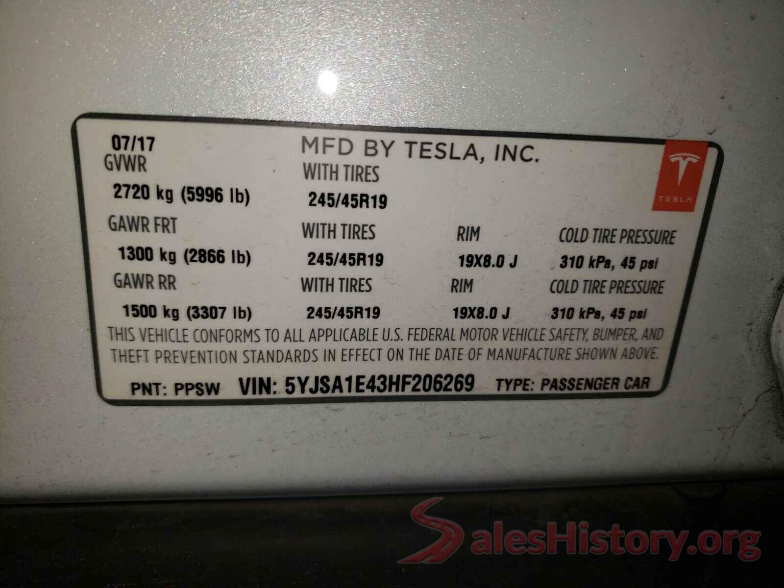 5YJSA1E43HF206269 2017 TESLA MODEL S