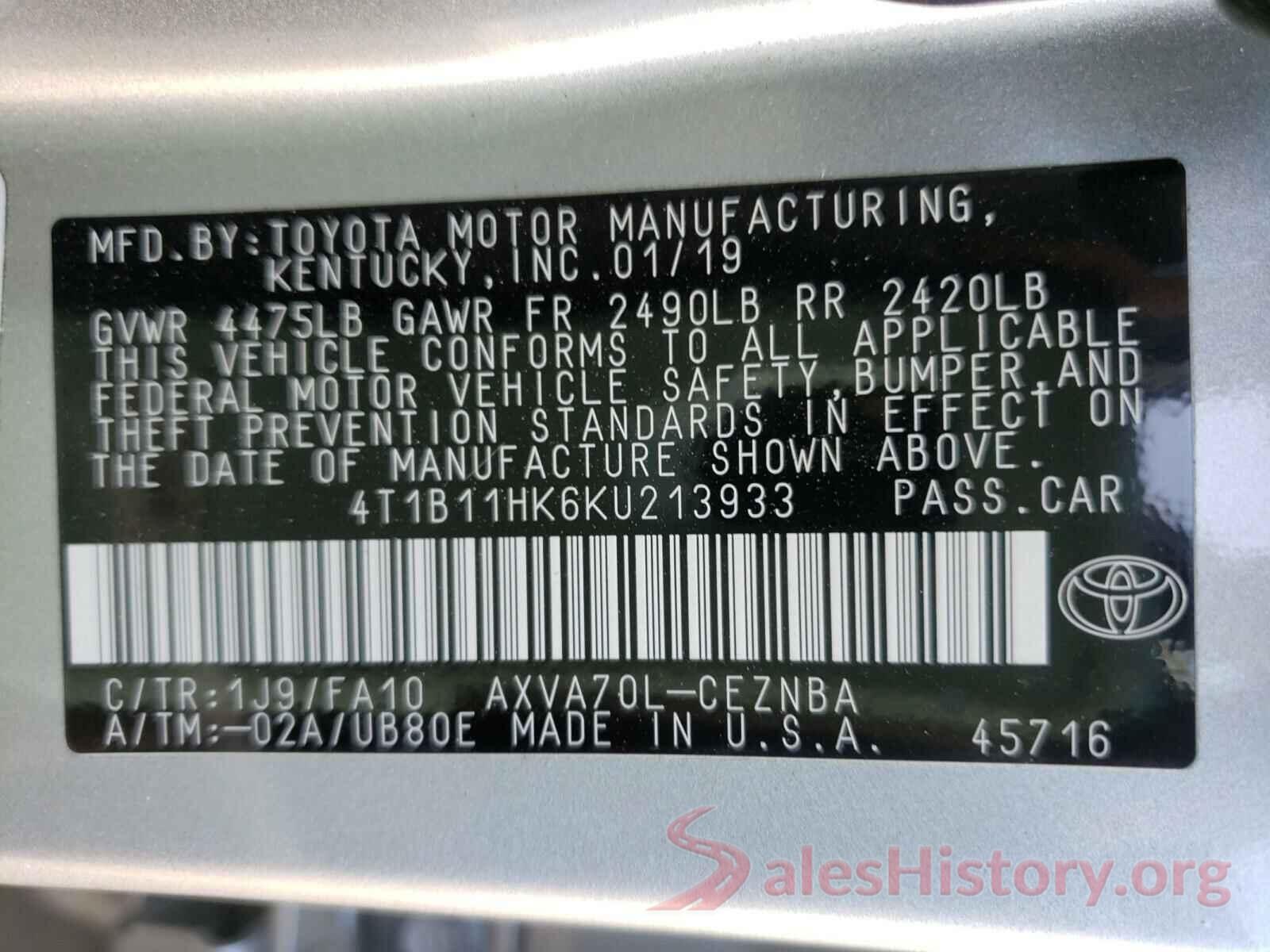 4T1B11HK6KU213933 2019 TOYOTA CAMRY