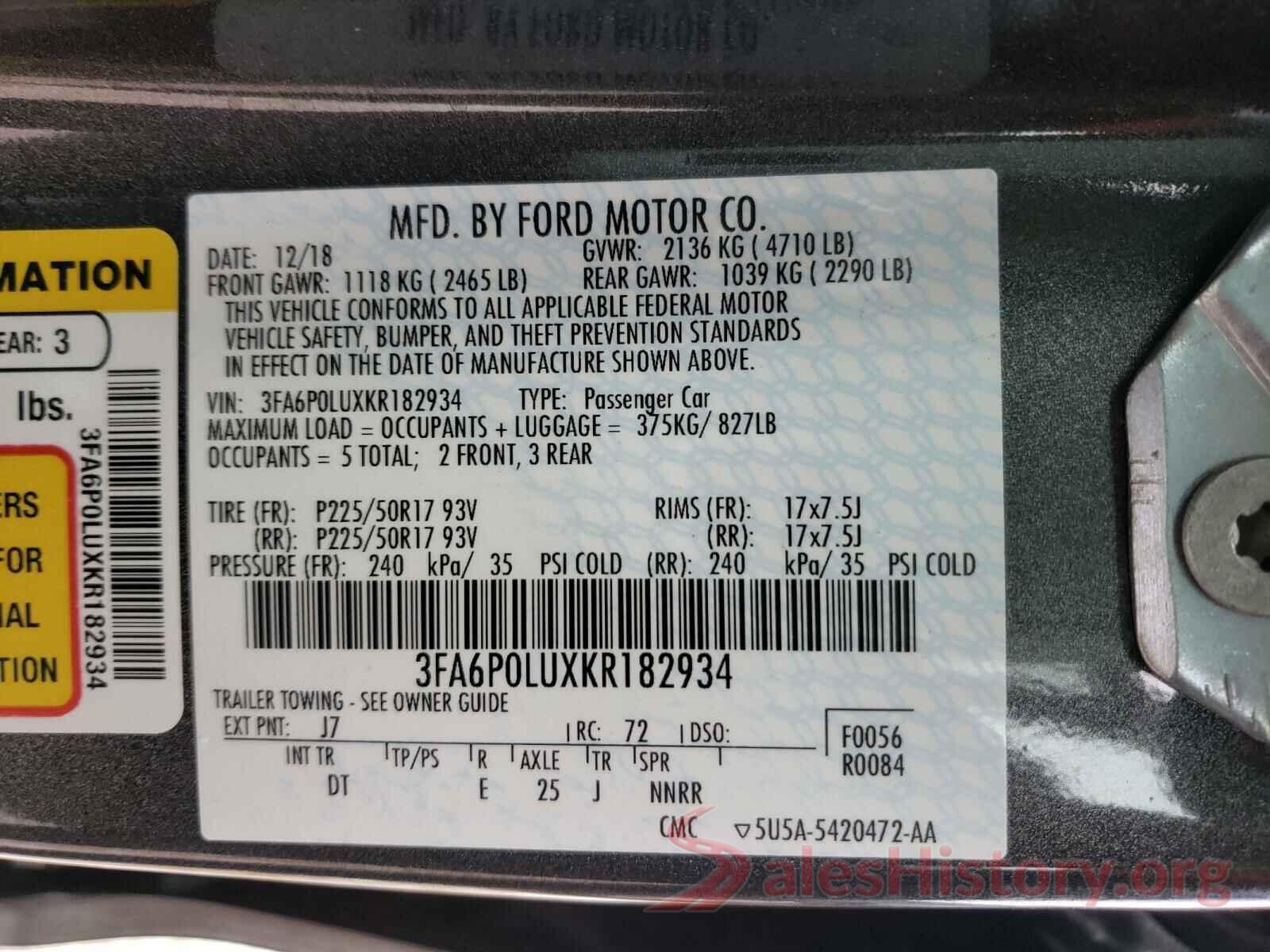 3FA6P0LUXKR182934 2019 FORD FUSION