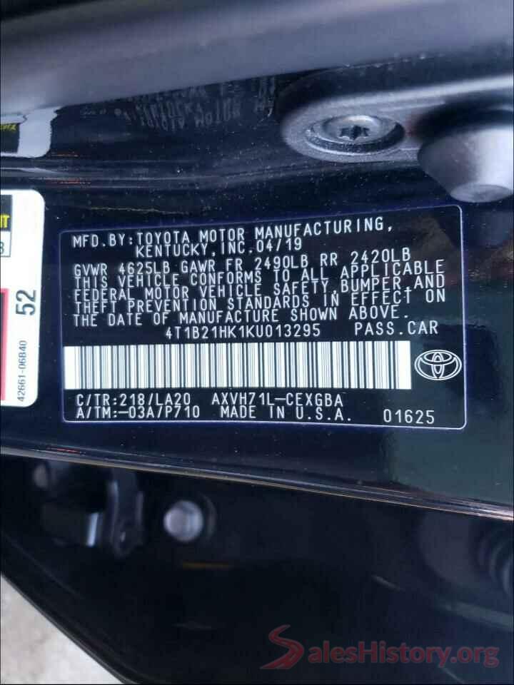 4T1B21HK1KU013295 2019 TOYOTA CAMRY