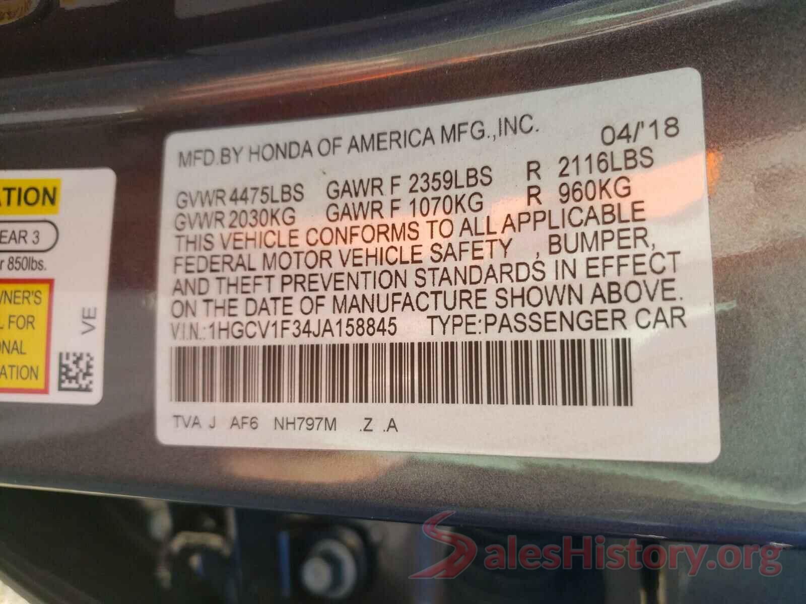 1HGCV1F34JA158845 2018 HONDA ACCORD