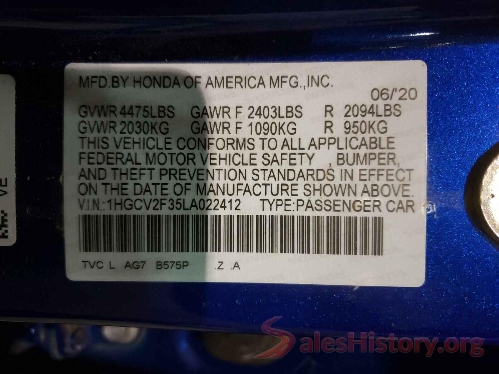 1HGCV2F35LA022412 2020 HONDA ACCORD