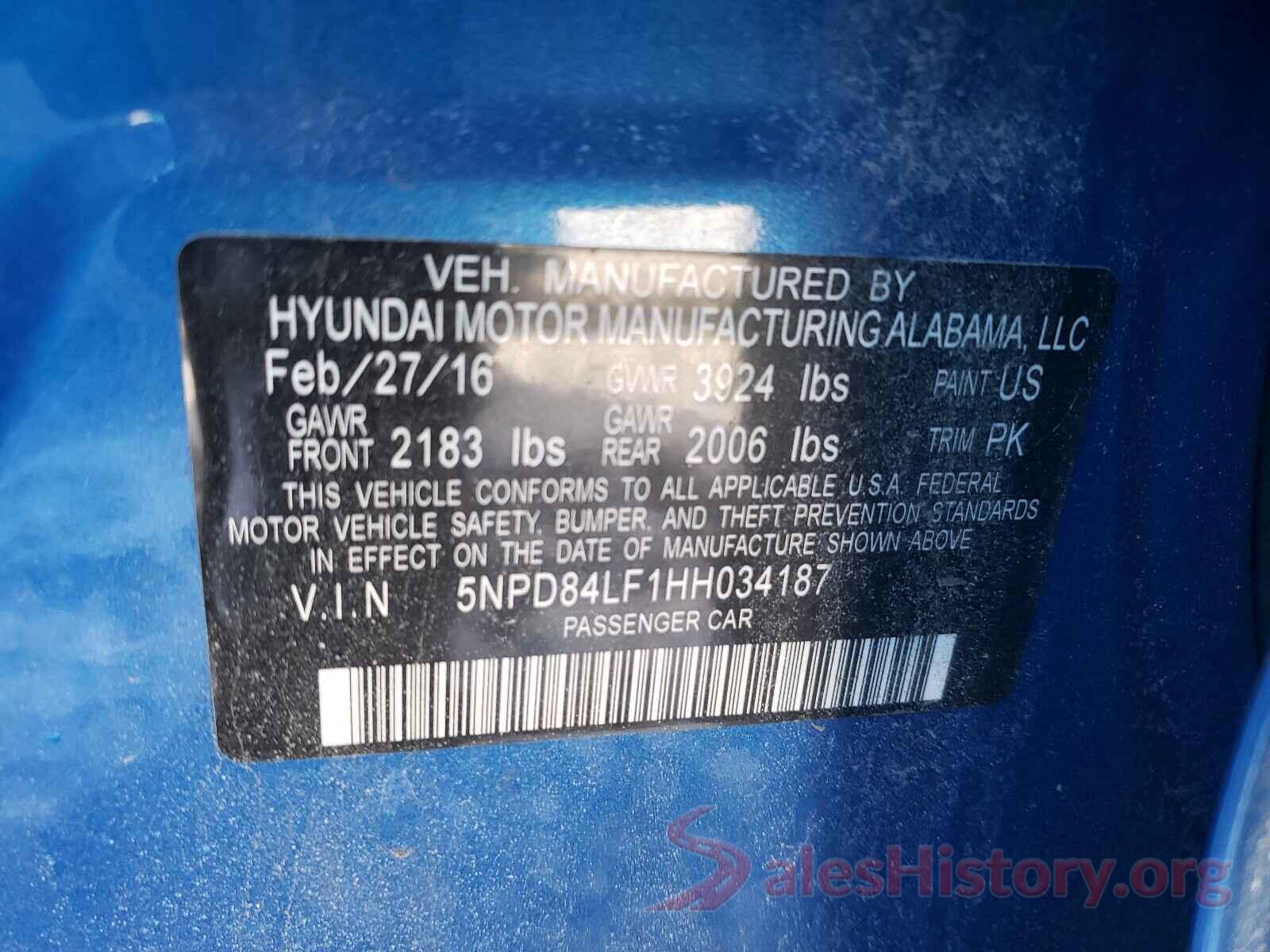 5NPD84LF1HH034187 2017 HYUNDAI ELANTRA