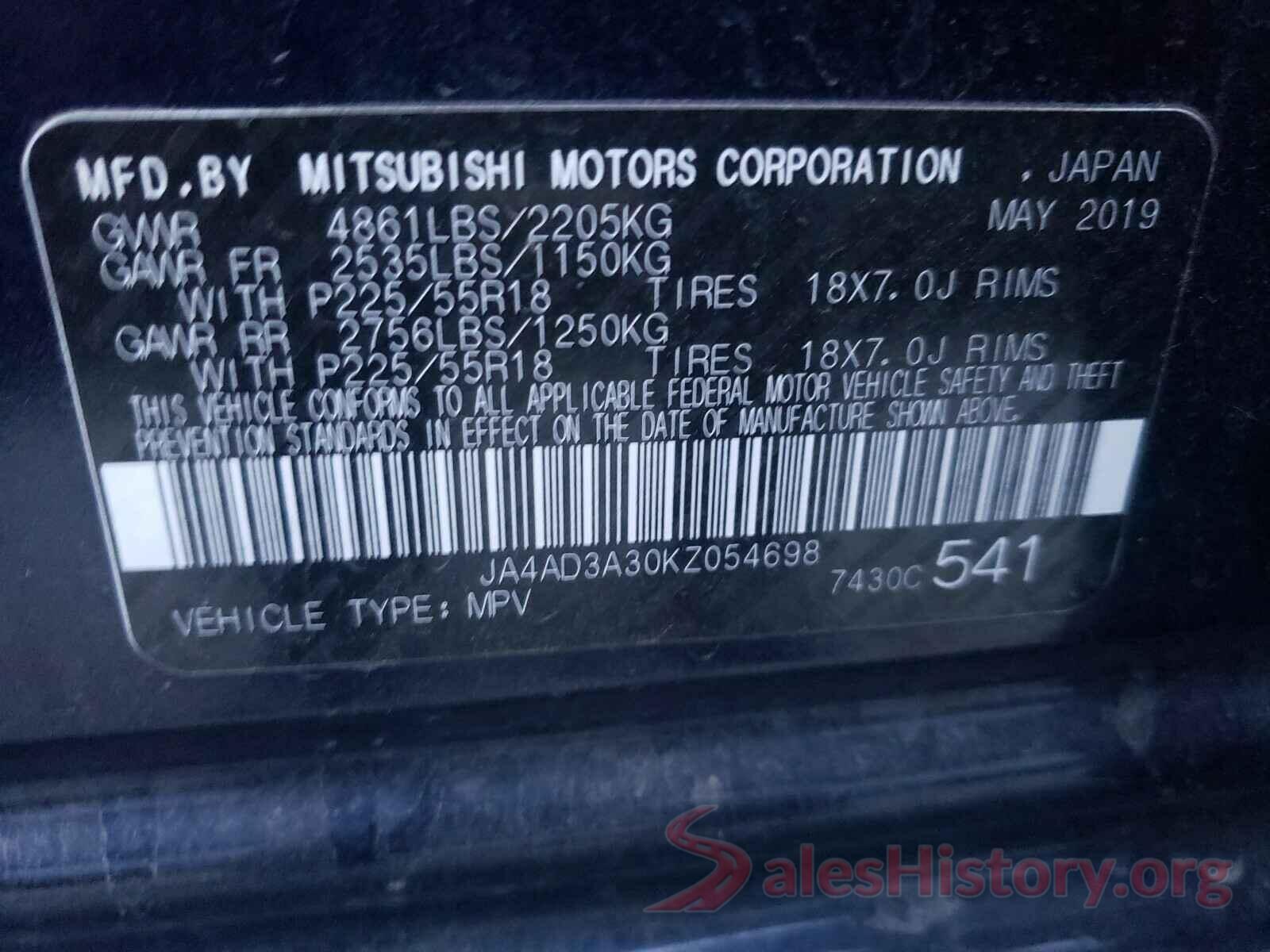 JA4AD3A30KZ054698 2019 MITSUBISHI OUTLANDER