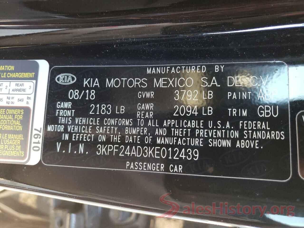 3KPF24AD3KE012439 2019 KIA FORTE