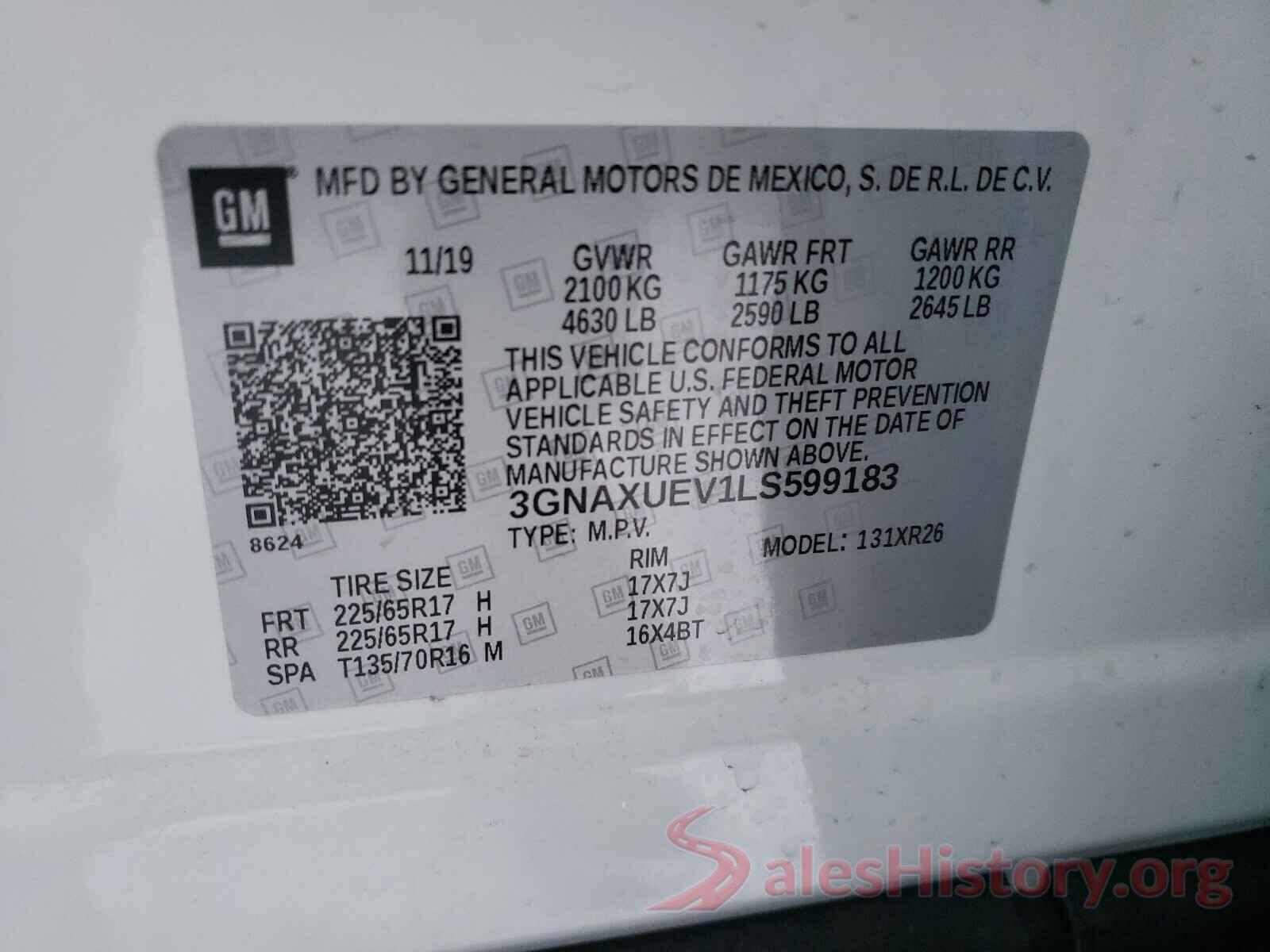 3GNAXUEV1LS599183 2020 CHEVROLET EQUINOX