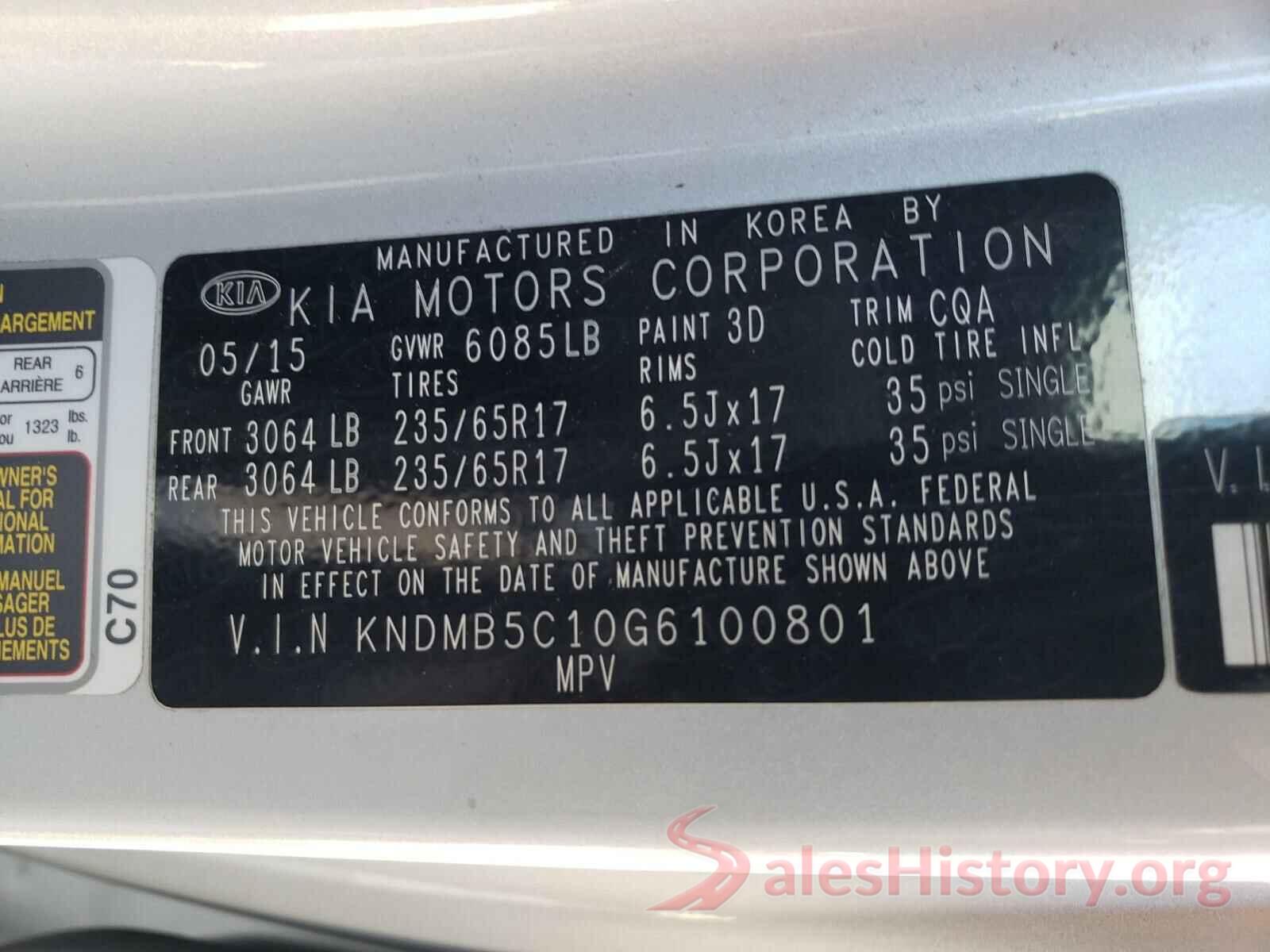 KNDMB5C10G6100801 2016 KIA SEDONA