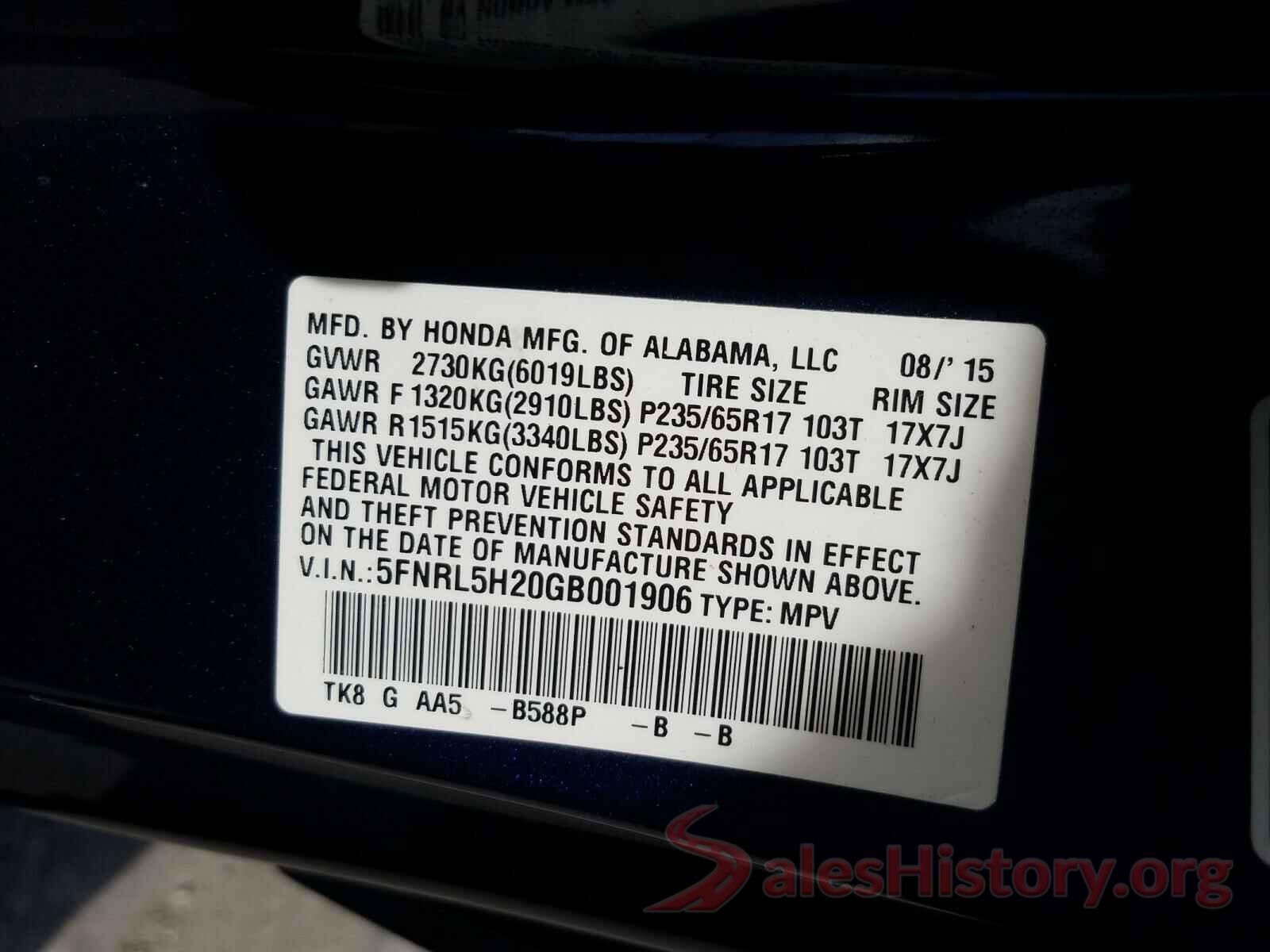 5FNRL5H20GB001906 2016 HONDA ODYSSEY