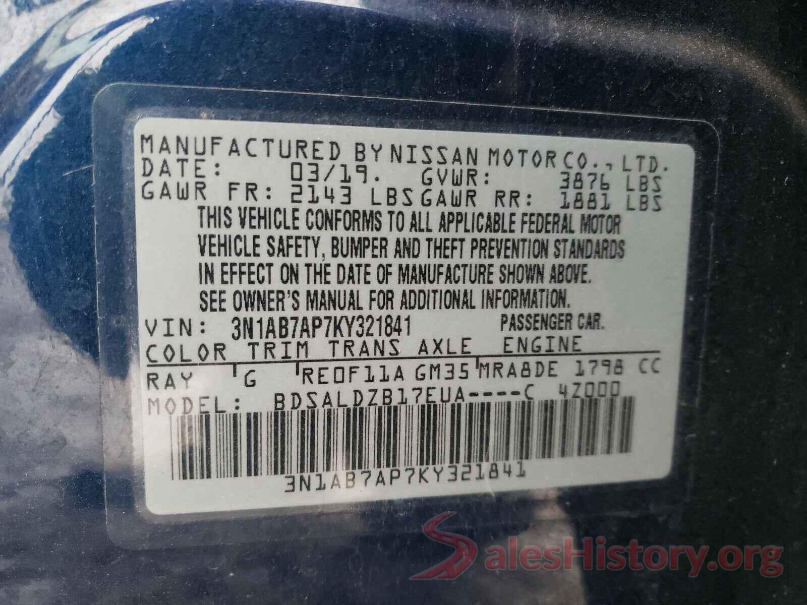 3N1AB7AP7KY321841 2019 NISSAN SENTRA