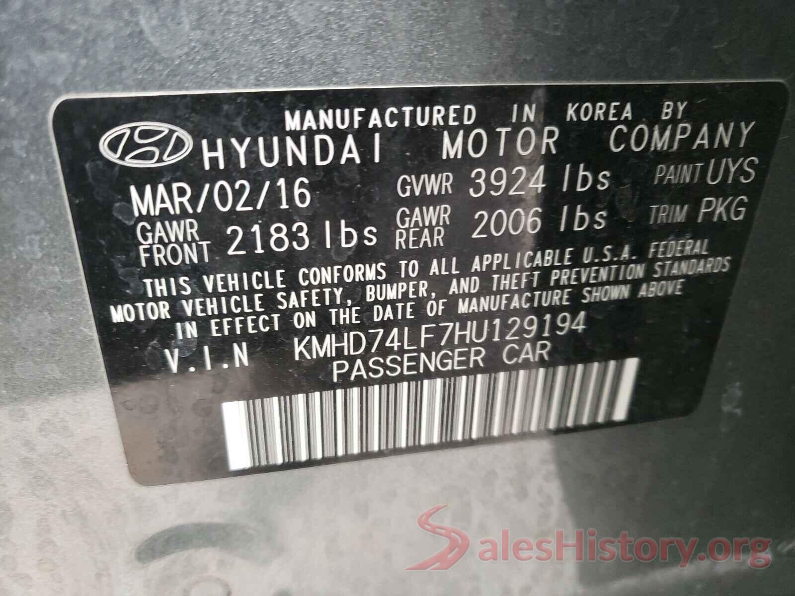 KMHD74LF7HU129194 2017 HYUNDAI ELANTRA