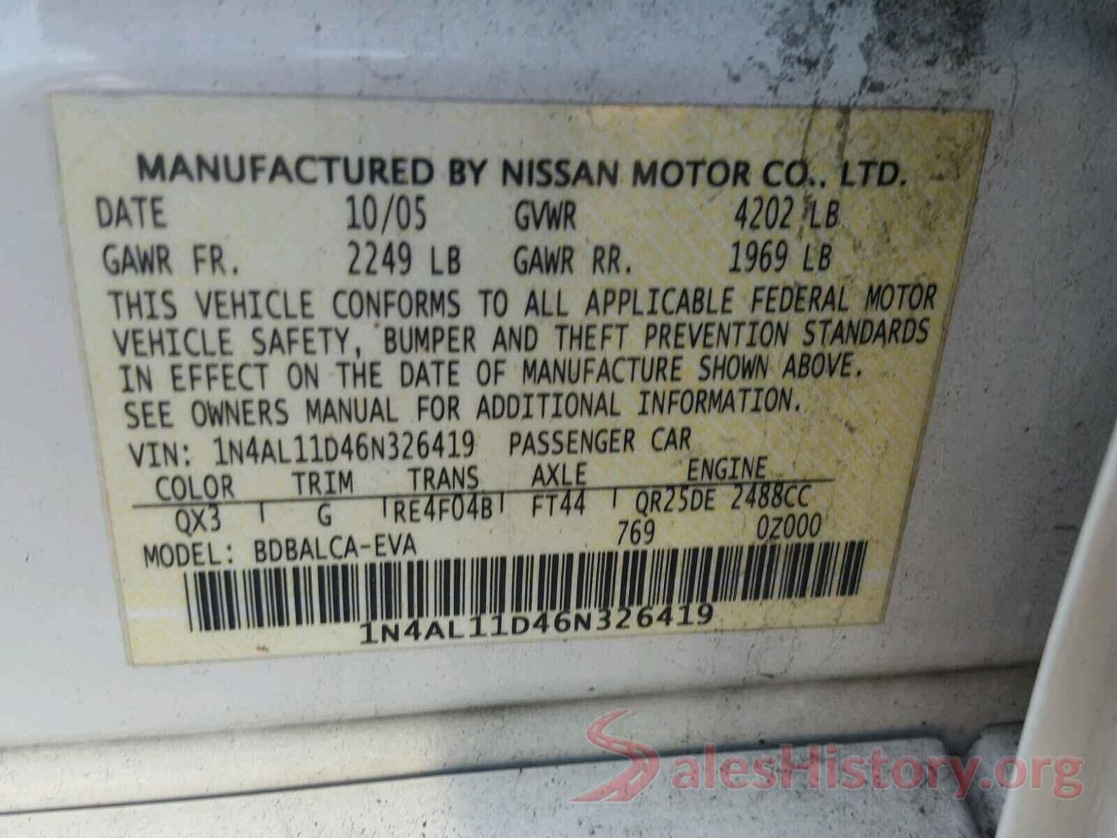 3TMGZ5AN1GM036881 2006 NISSAN ALTIMA S