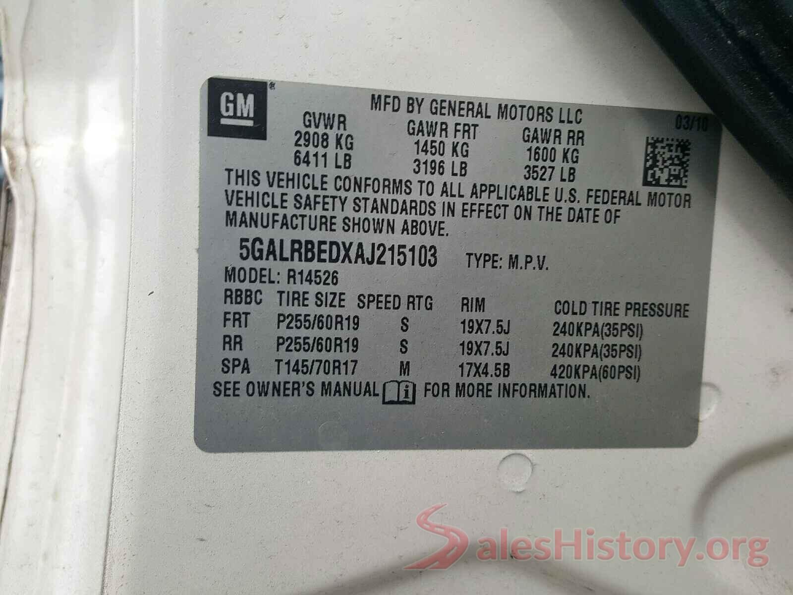 SALWG2KF9GA646525 2010 BUICK ENCLAVE