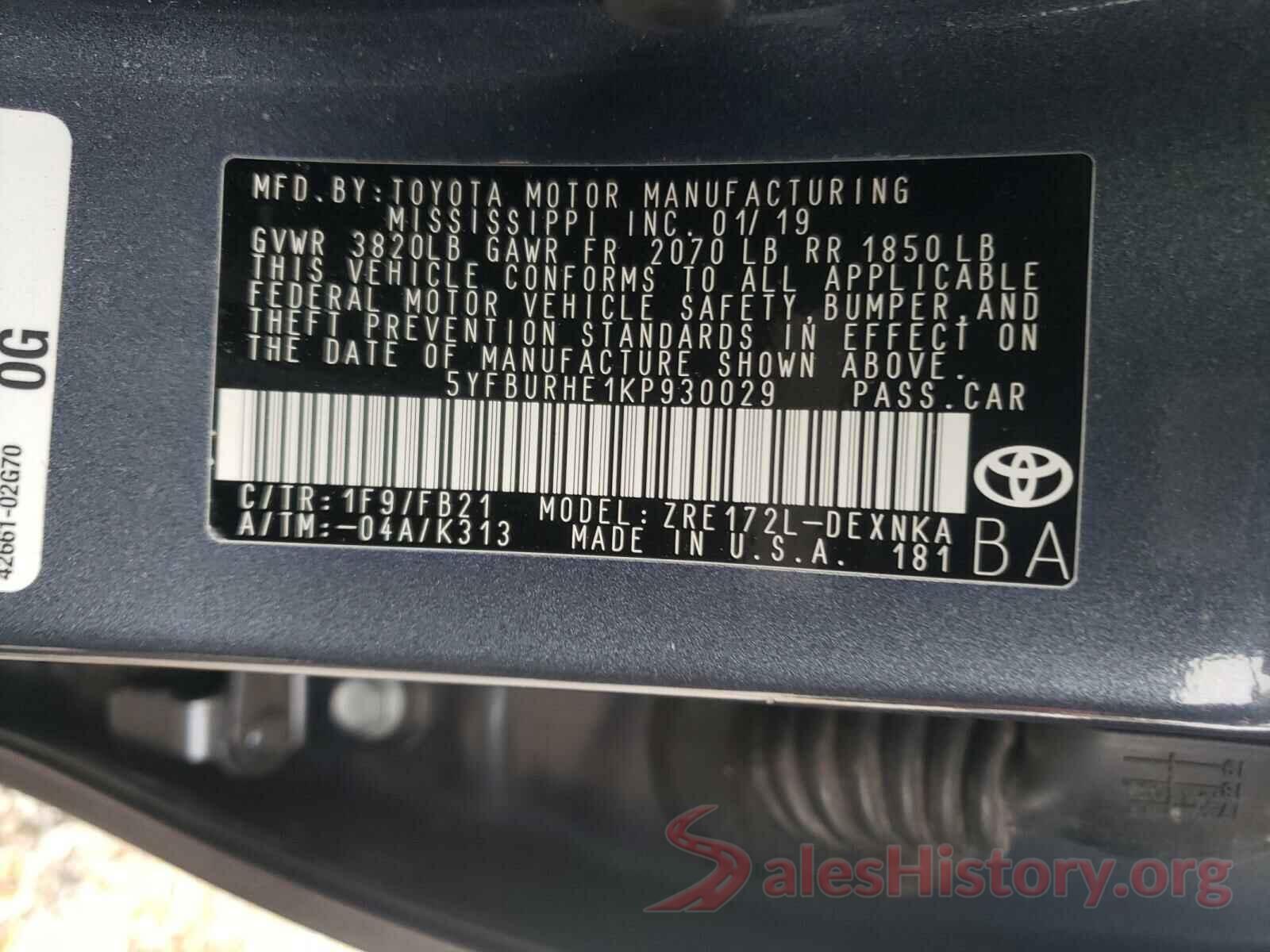 5YFBURHE1KP930029 2019 TOYOTA COROLLA