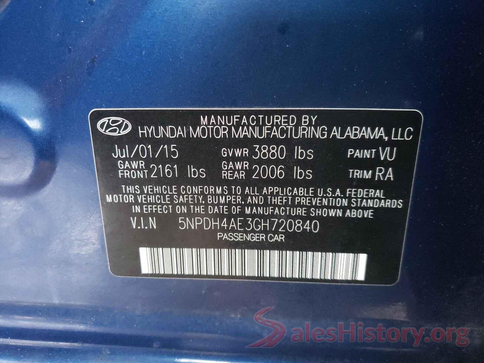 5NPDH4AE3GH720840 2016 HYUNDAI ELANTRA