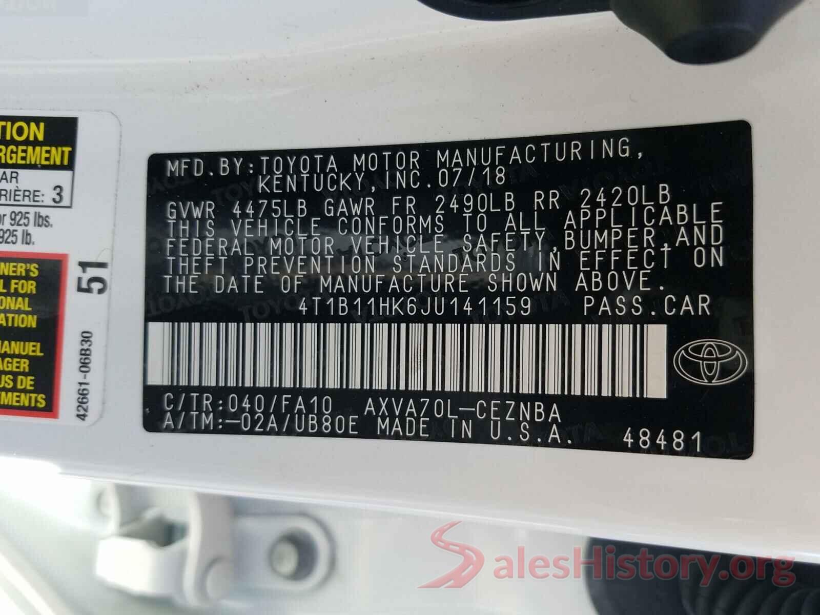 4T1B11HK6JU141159 2018 TOYOTA CAMRY