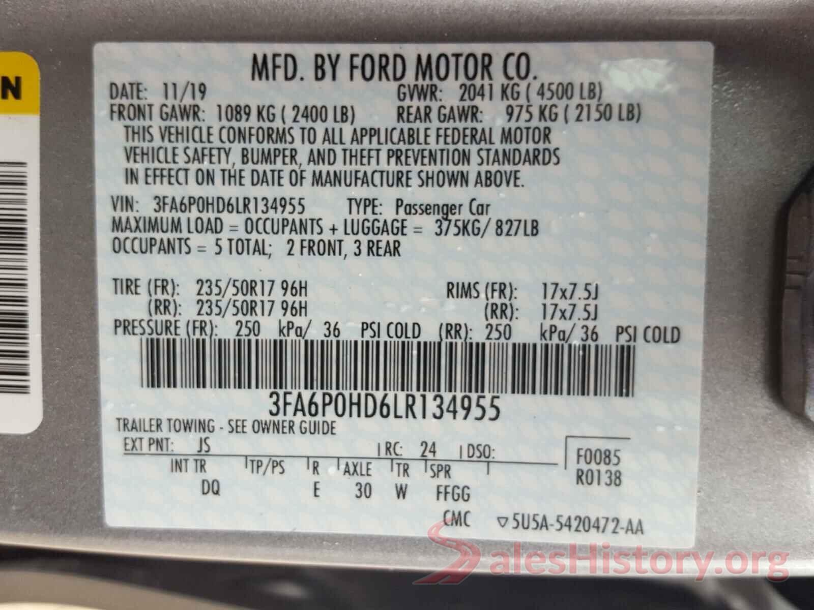 3FA6P0HD6LR134955 2020 FORD FUSION