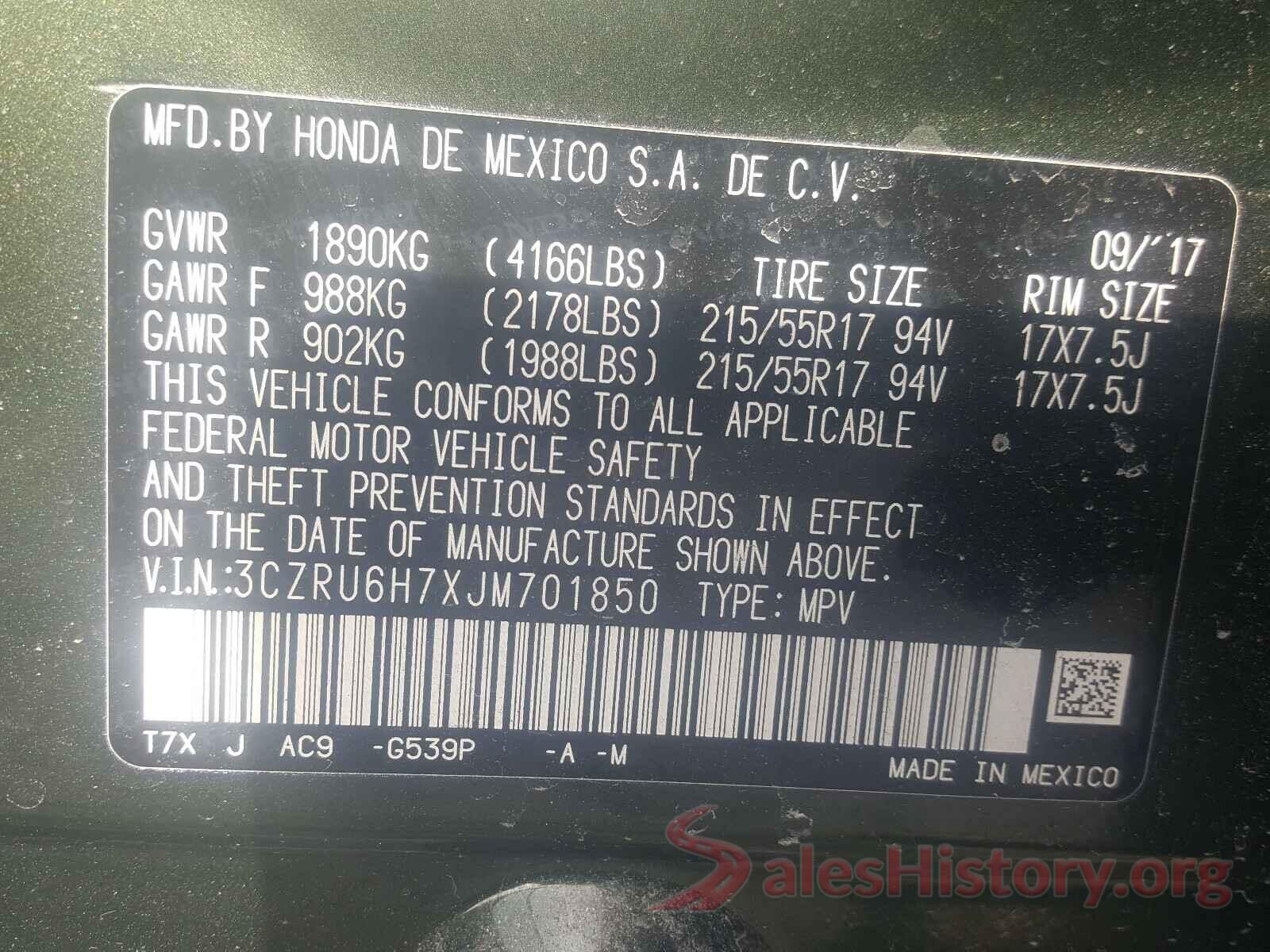 3CZRU6H7XJM701850 2018 HONDA HR-V