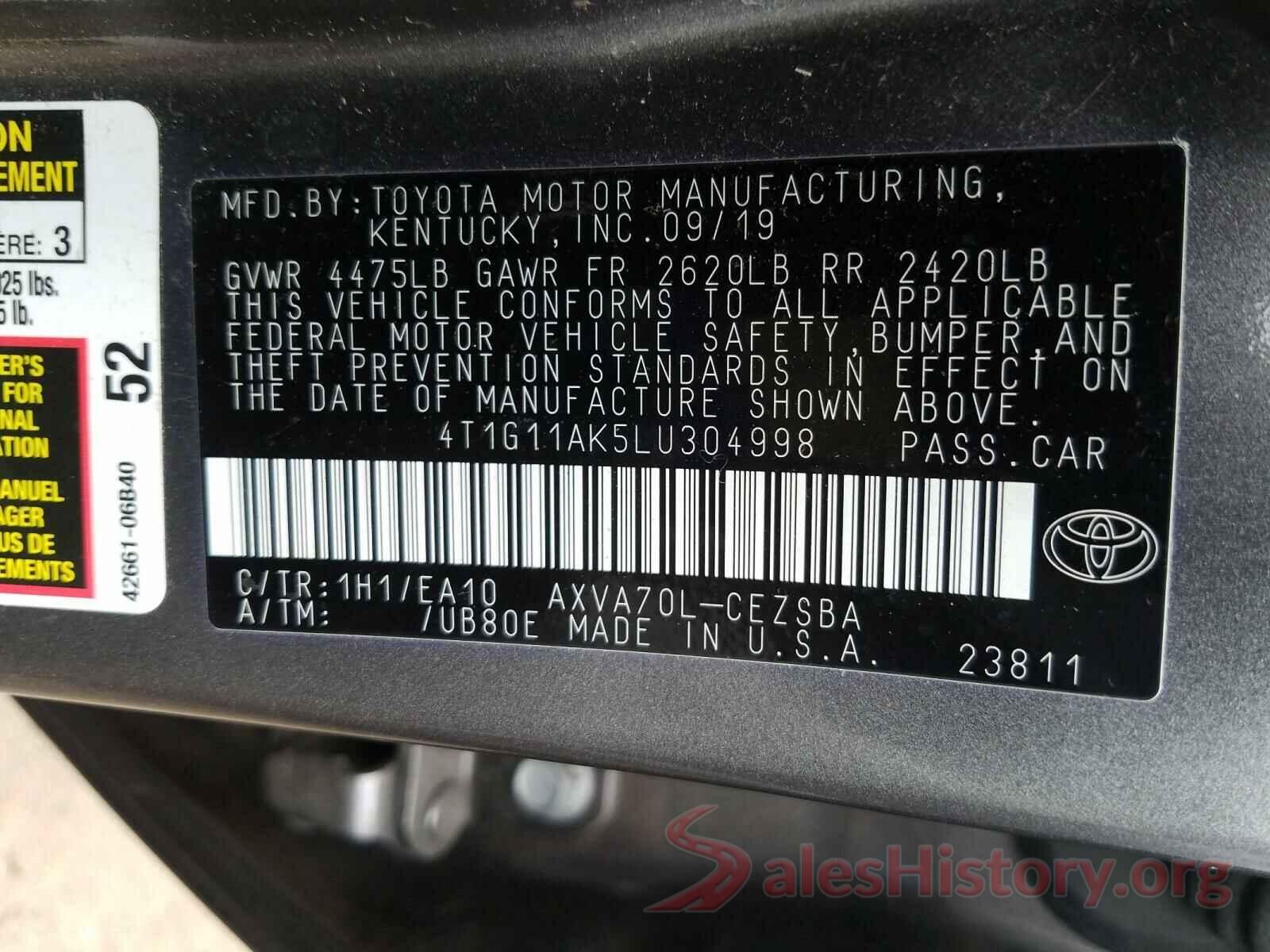 4T1G11AK5LU304998 2020 TOYOTA CAMRY