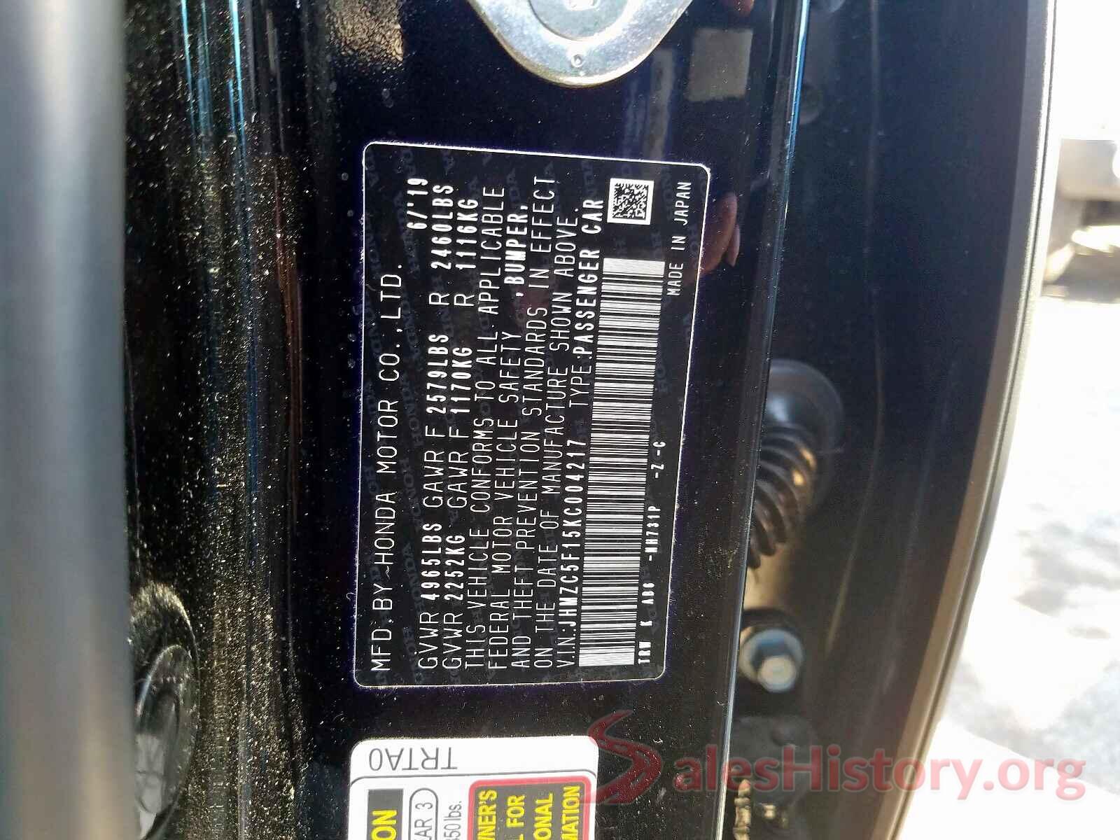 JHMZC5F15KC004217 2019 HONDA CLARITY