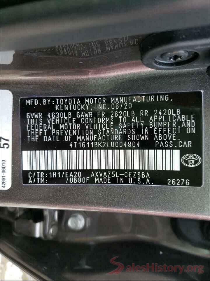 4T1G11BK2LU004804 2020 TOYOTA CAMRY