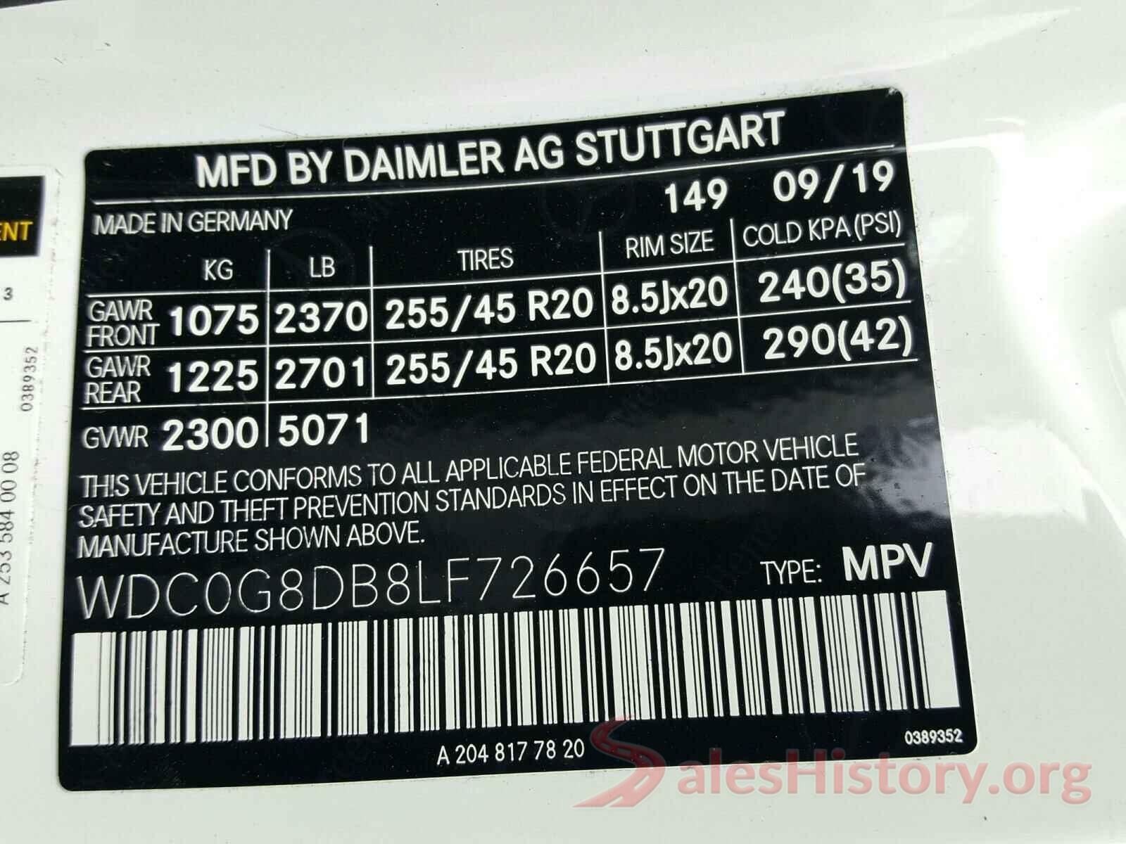 WDC0G8DB8LF726657 2020 MERCEDES-BENZ G CLASS