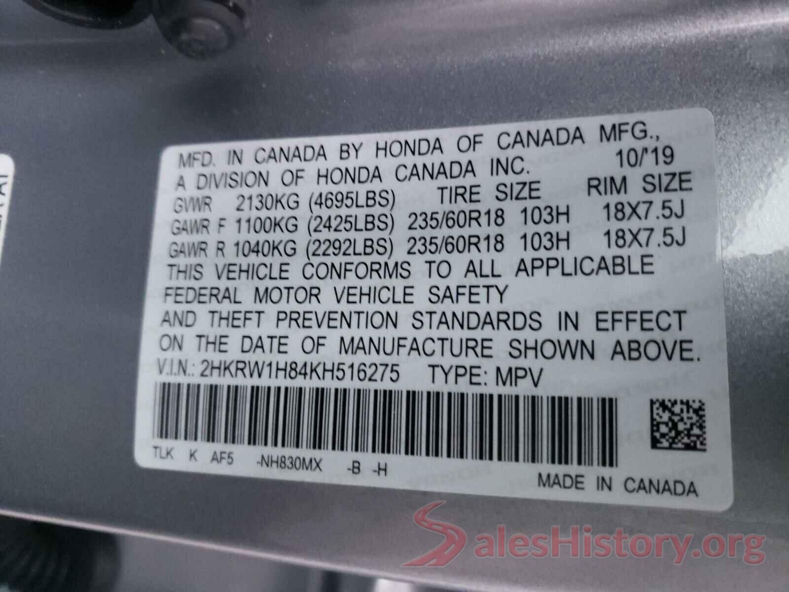 2HKRW1H84KH516275 2019 HONDA CRV