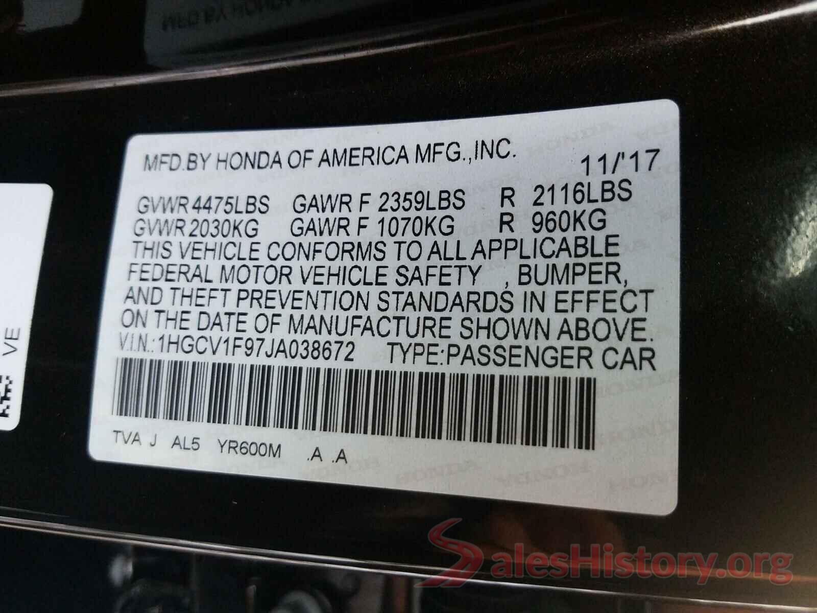 1HGCV1F97JA038672 2018 HONDA ACCORD