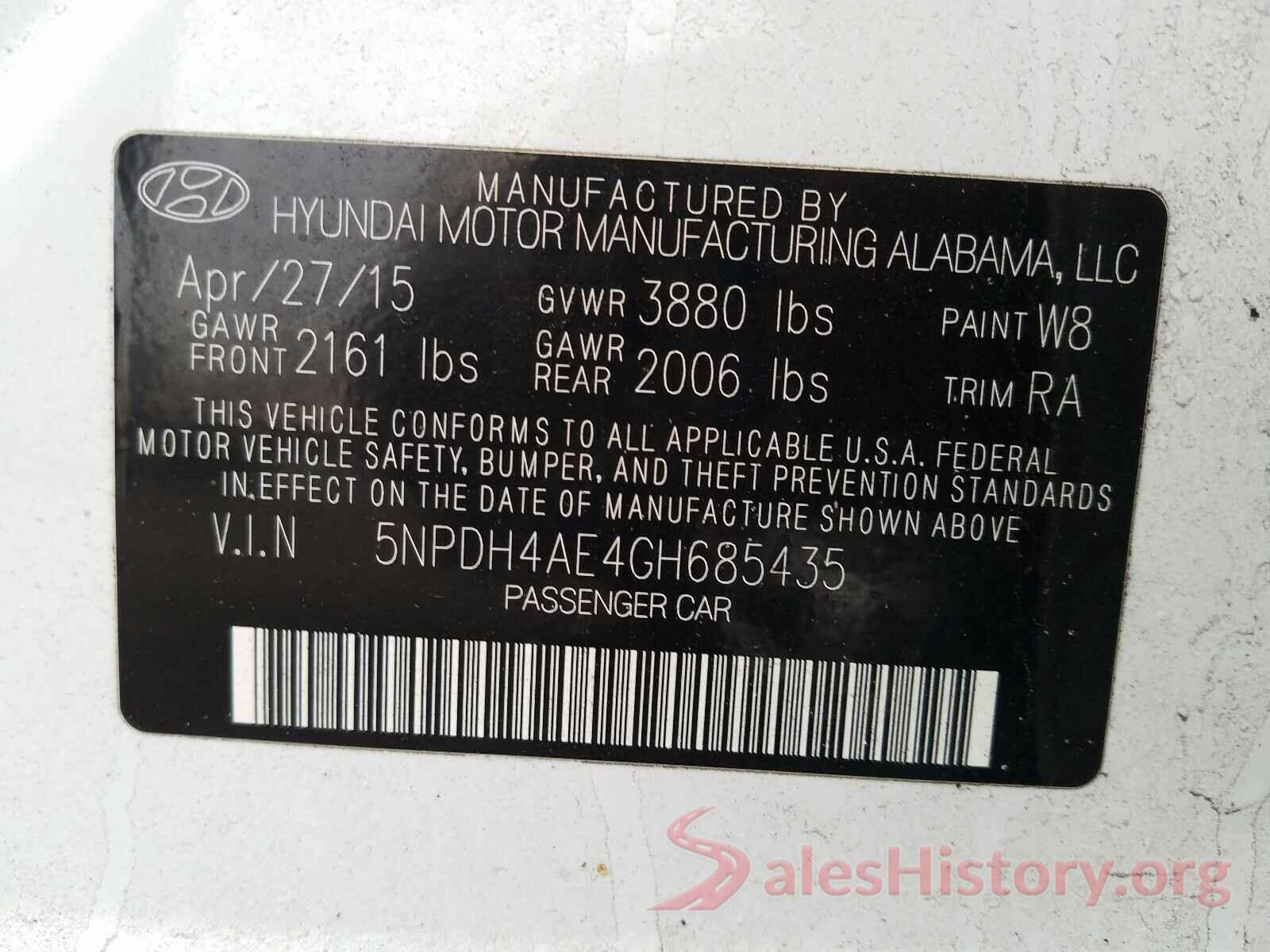 5NPDH4AE4GH685435 2016 HYUNDAI ELANTRA