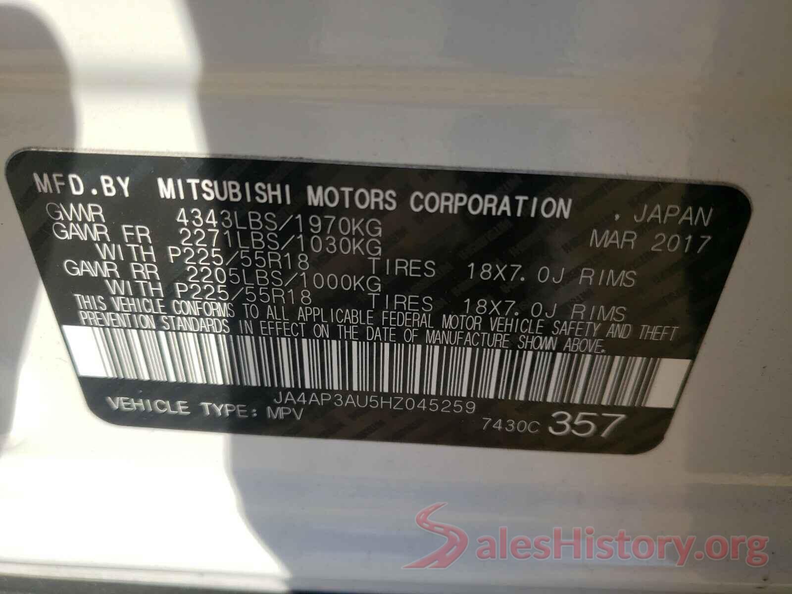 JA4AP3AU5HZ045259 2017 MITSUBISHI OUTLANDER