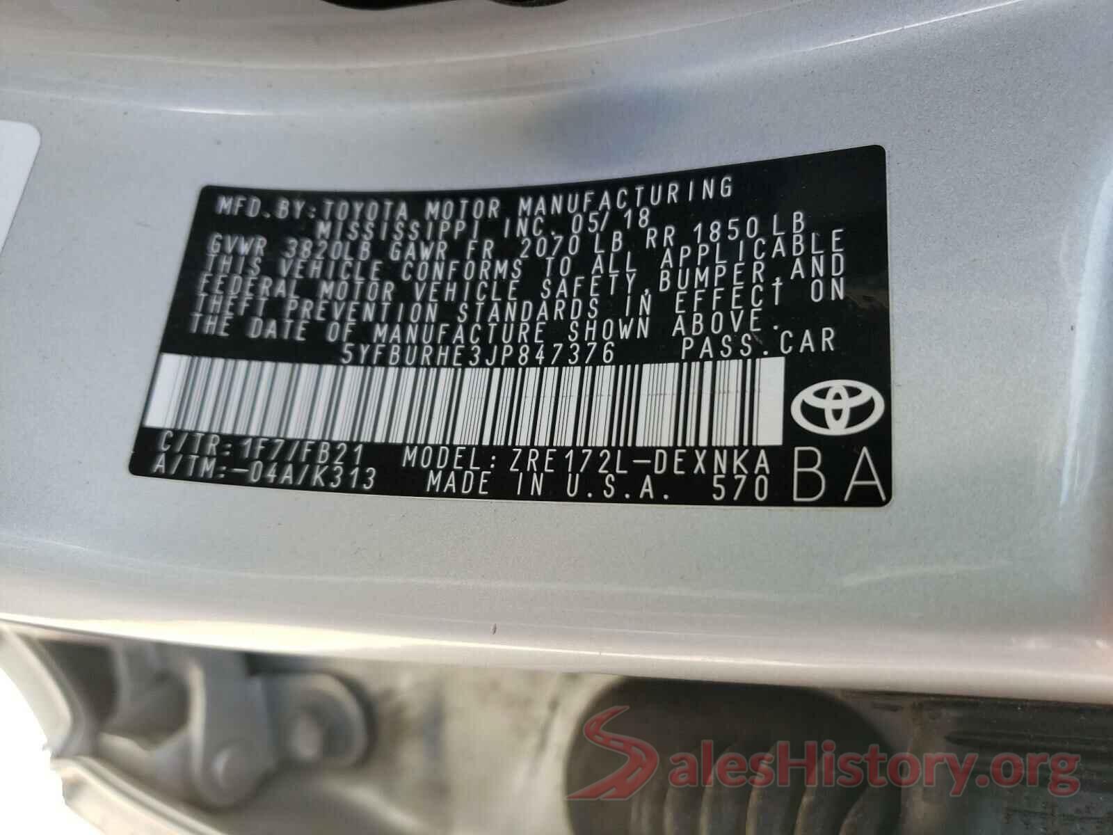 5YFBURHE3JP847376 2018 TOYOTA COROLLA