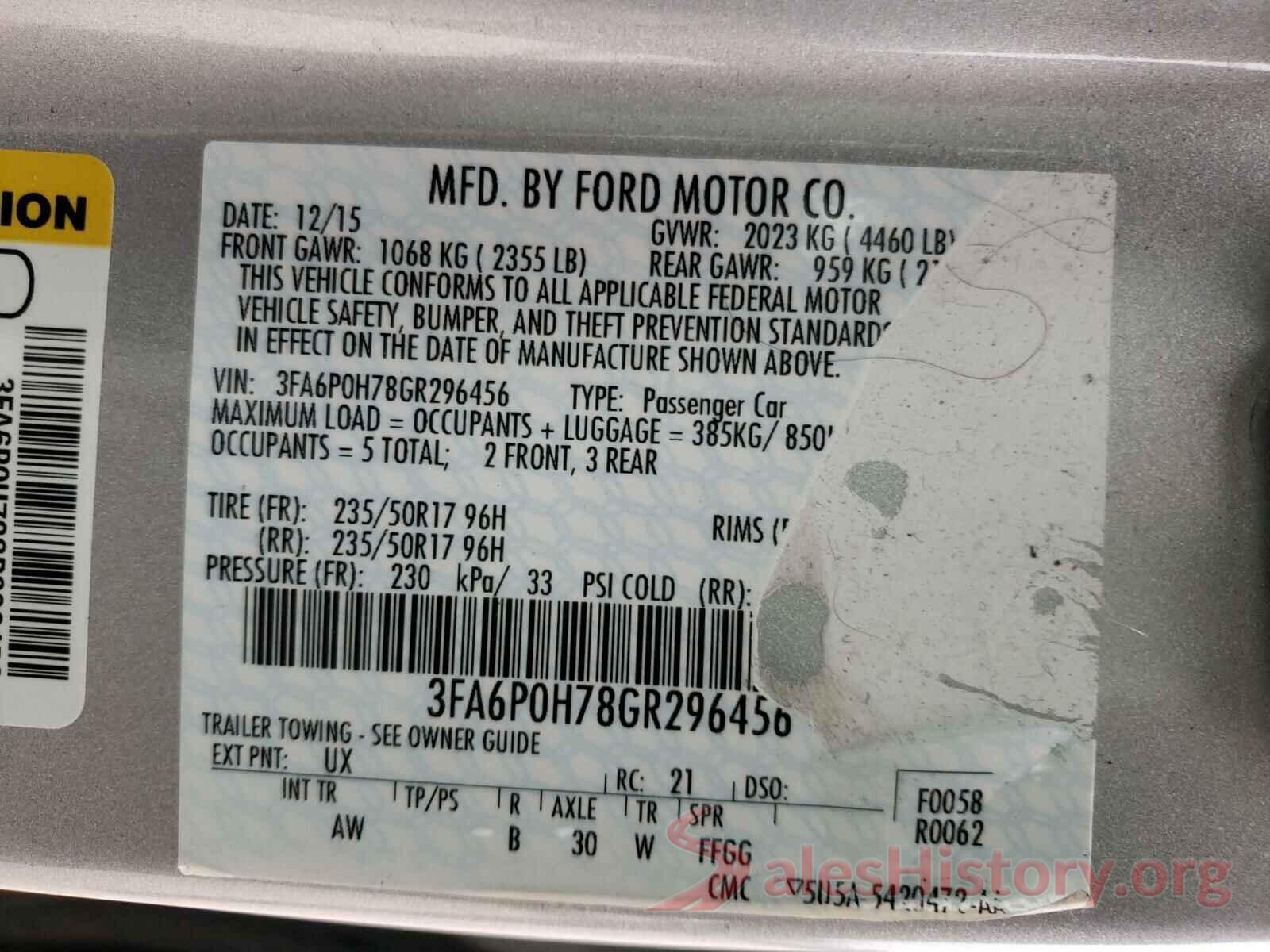 3FA6P0H78GR296456 2016 FORD FUSION