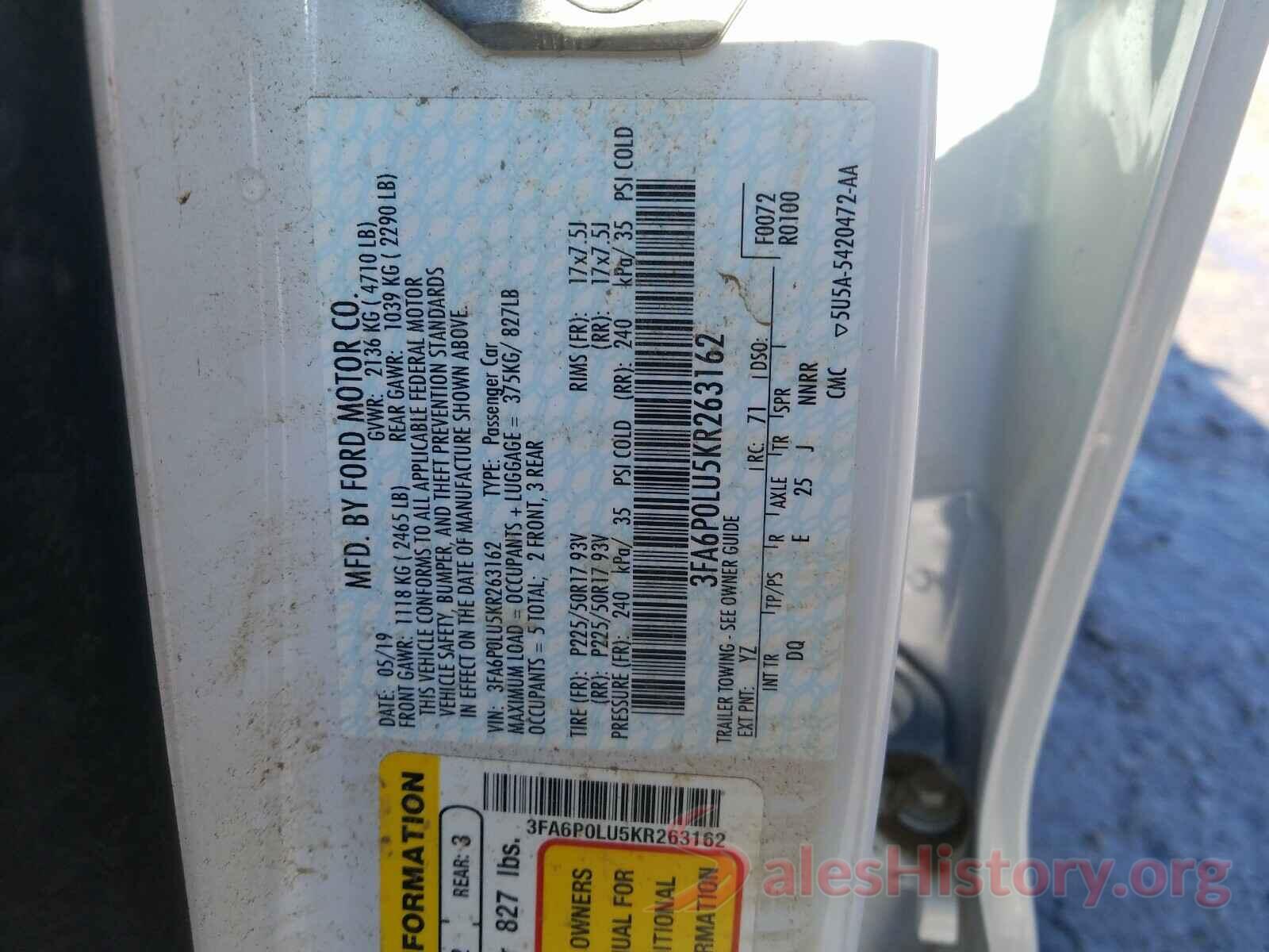 3FA6P0LU5KR263162 2019 FORD FUSION